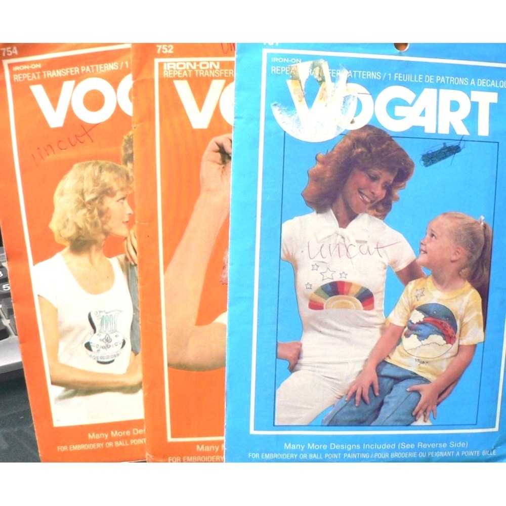 Vintage Vogart Iron On Fabric Applique Transfer Set of Three 751 752 & 754 Uncut